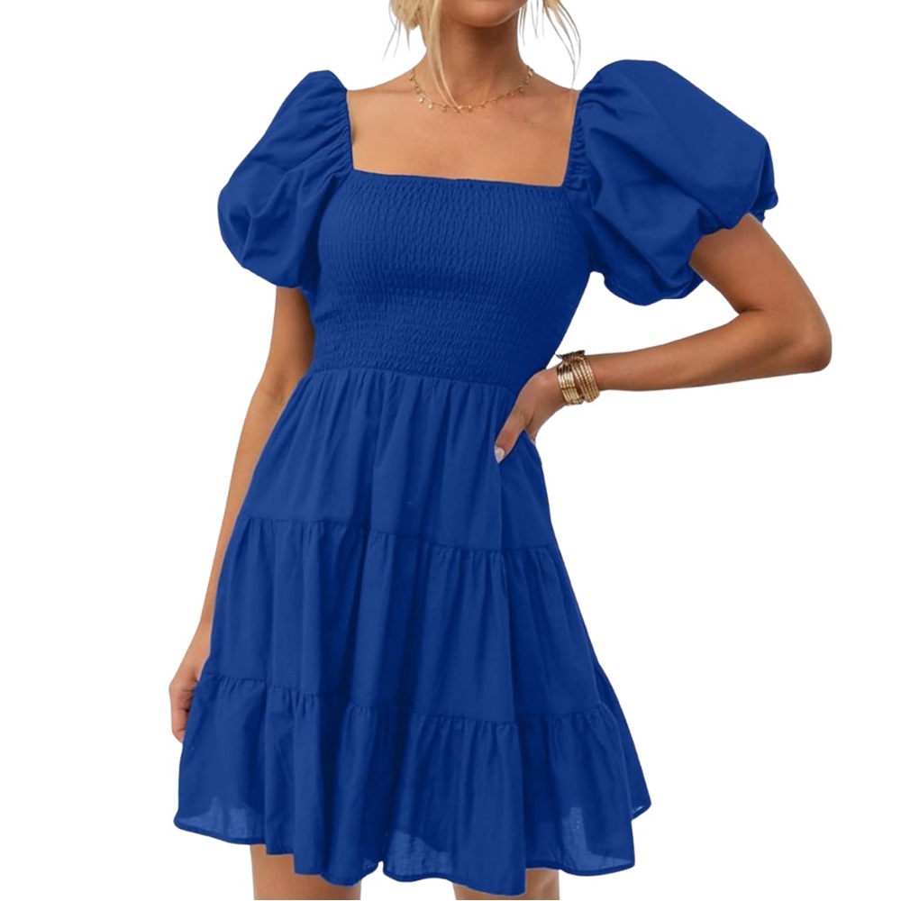 Royal Blue Puff Sleeve Mini Dress | M | Zesica Square Neck Tiered Dress